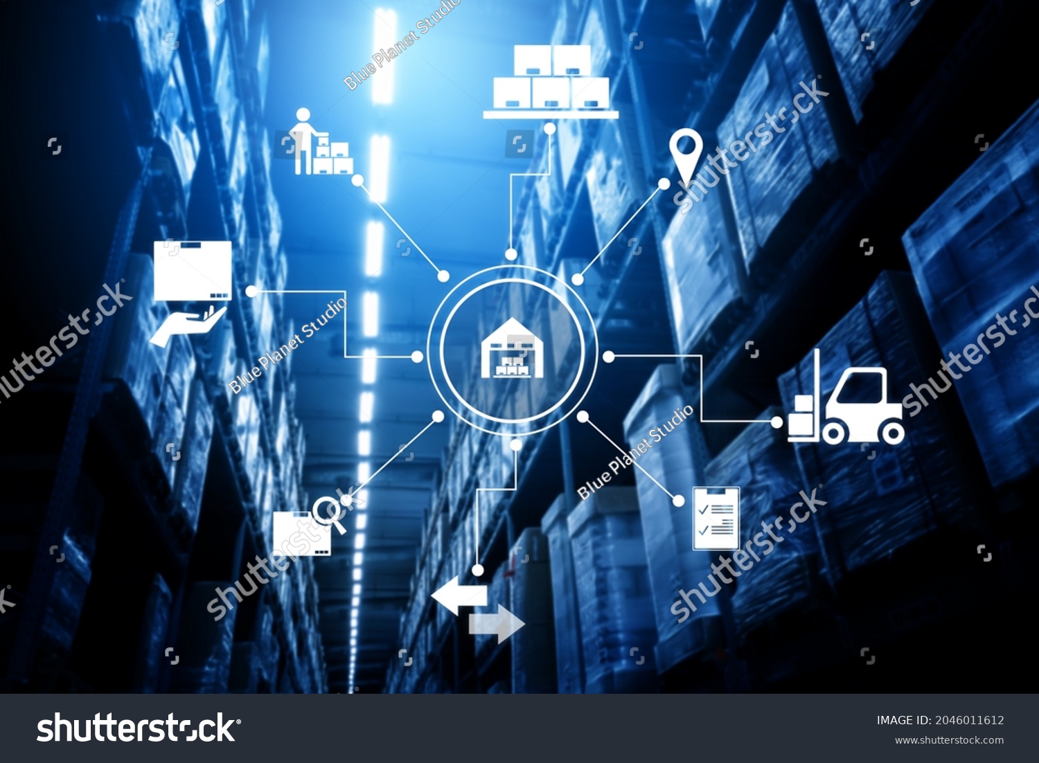 Smart warehouse management system with innovative internet of things technology to identify package picking and delivery . Future concept of supply chain and logistic network business . #2046011612