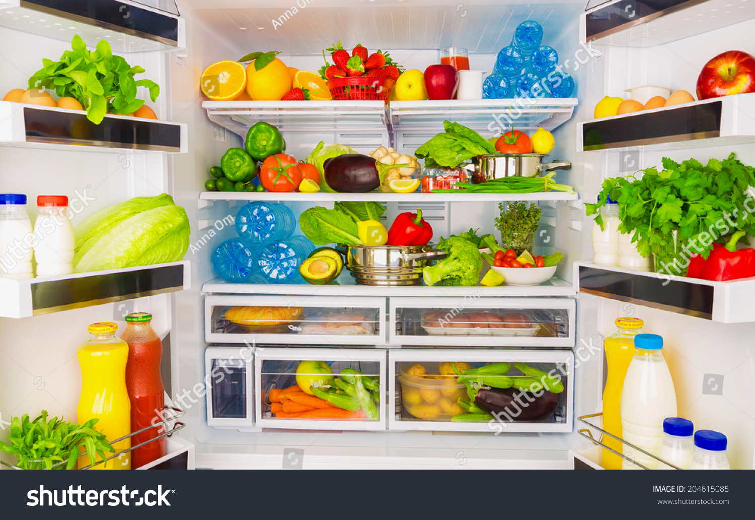 Open fridge full of fresh fruits and vegetables, healthy food background, organic nutrition, health care, dieting concept #204615085