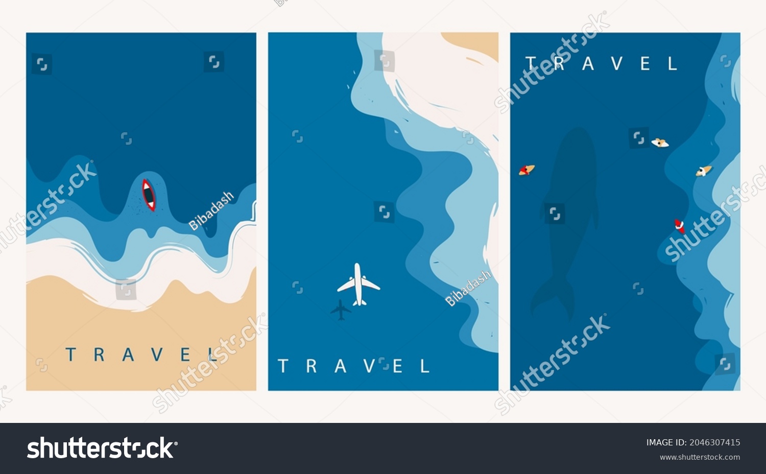 Aerial view of ocean waves reaching the coastline. Beach, sand, sea shore with blue waves. Top view overhead seaside. Hand drawn Vector illustrations. Set of three isolated cards. Travel concept #2046307415