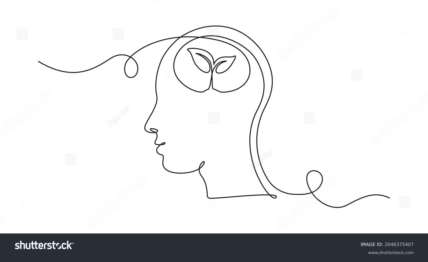 One continuous line drawing of human head with plant inside. Mental health and psychology vector concept. Creative ideas, grow up, positive thinking and self care. Growth mindset skills illustration #2046375407