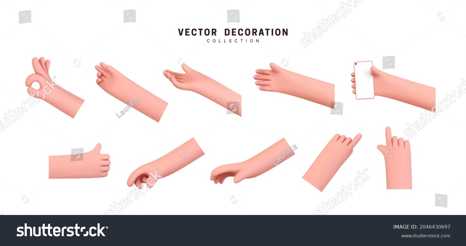 Hands set of realistic 3d design in cartoon style. Hand shows different gestures signs emoticons. Emotions Collection isolated on white background. Emoji Hands. Vector illustration #2046430697