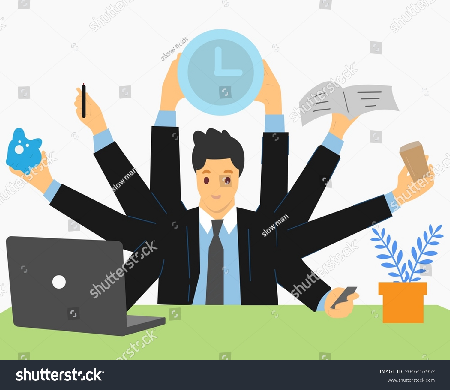 Busy man with many arms doing many tasks at the - Royalty Free Stock ...