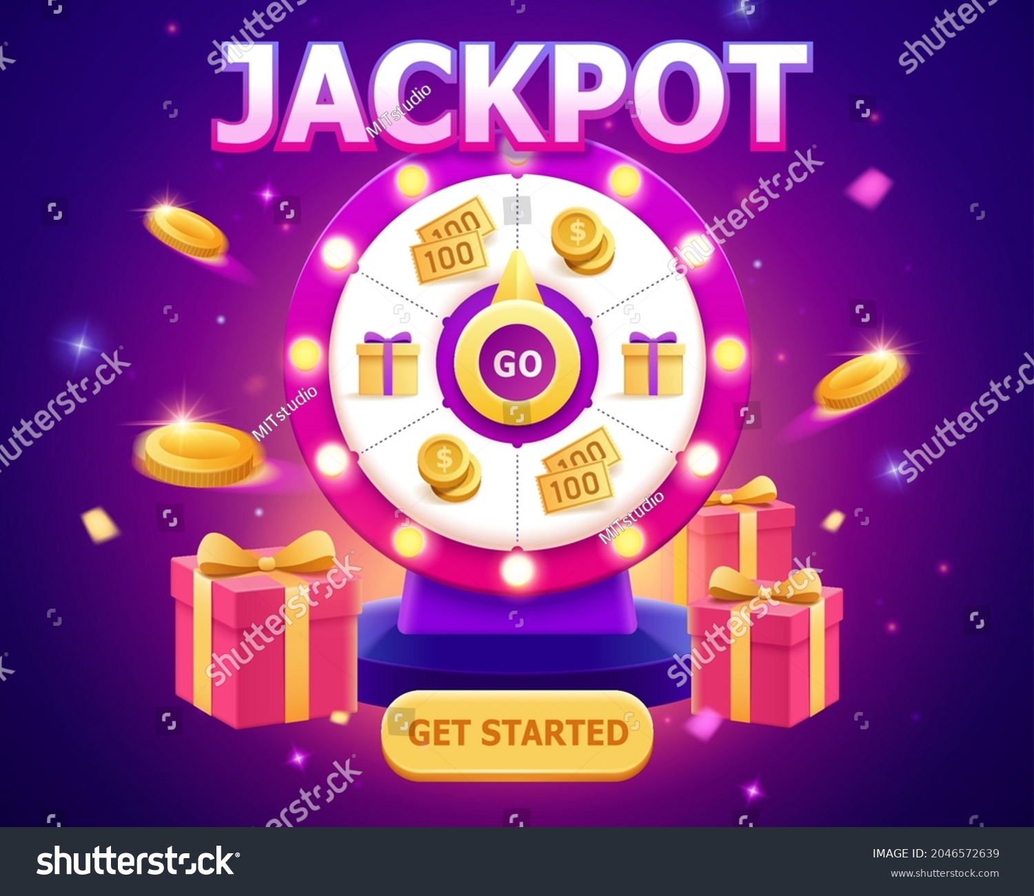 Big sale template. Luxury fortune spinning wheel with coins shooting out. Concept of winning coupon prizes in promoted sale event. #2046572639