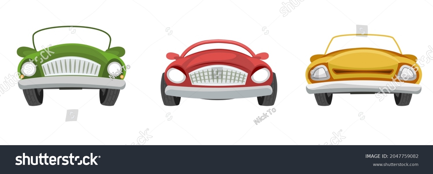Set of cabriolet cars. Cartoon comic in funny style. Front view. Beautiful retro auto. Flat stile. Childrens illustration. Isolated on white background. Vector. #2047759082