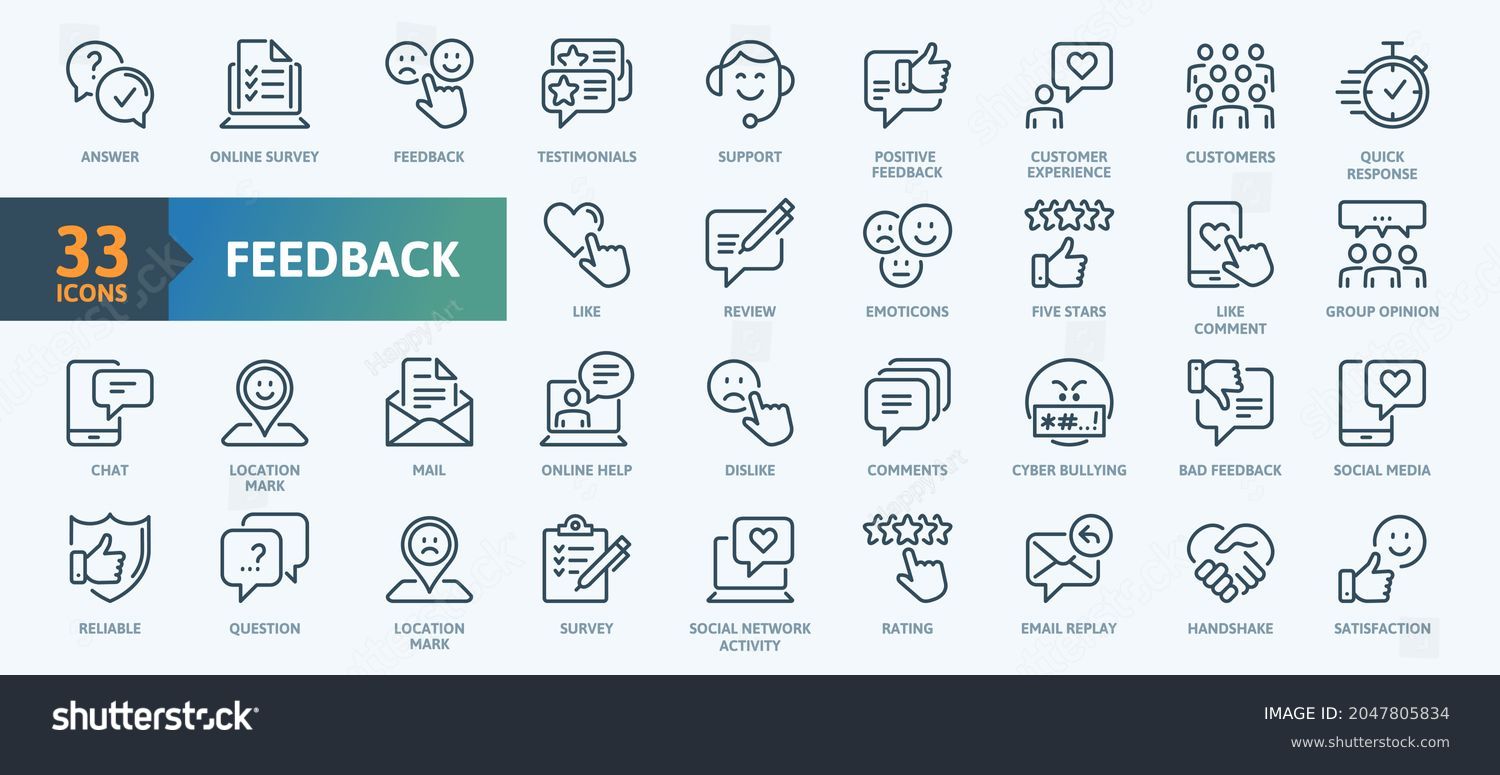 Feedback Outline Icon Collection. Thin Line Set contains such Icons as Rating, Testimonials, Quick Response, Satisfaction and more. Simple web icons set. #2047805834