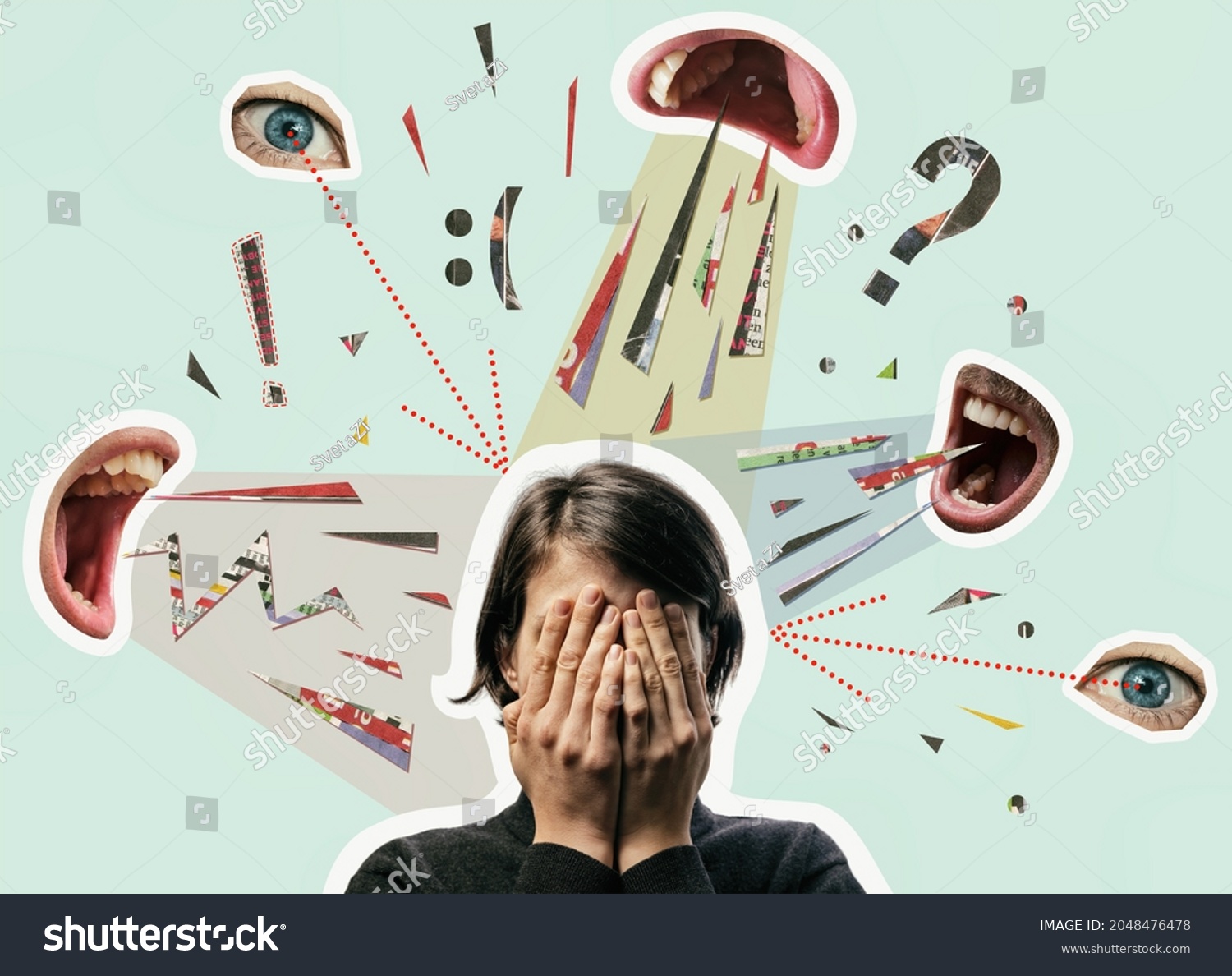 Collage with a woman covering her face and screaming mouths. Bullying, abuse, harassment. Concept. #2048476478