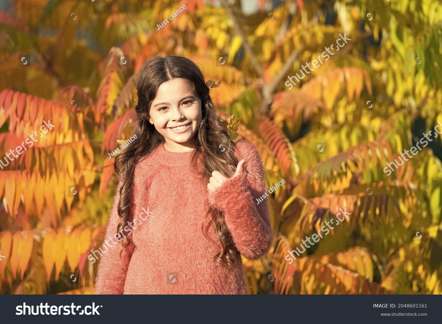 Autumn days are here again. Small child show thumbs up with yellow leaves in hair. Happy child on autumn landscape. Little child play on fresh air. Every child is innocent #2048601161