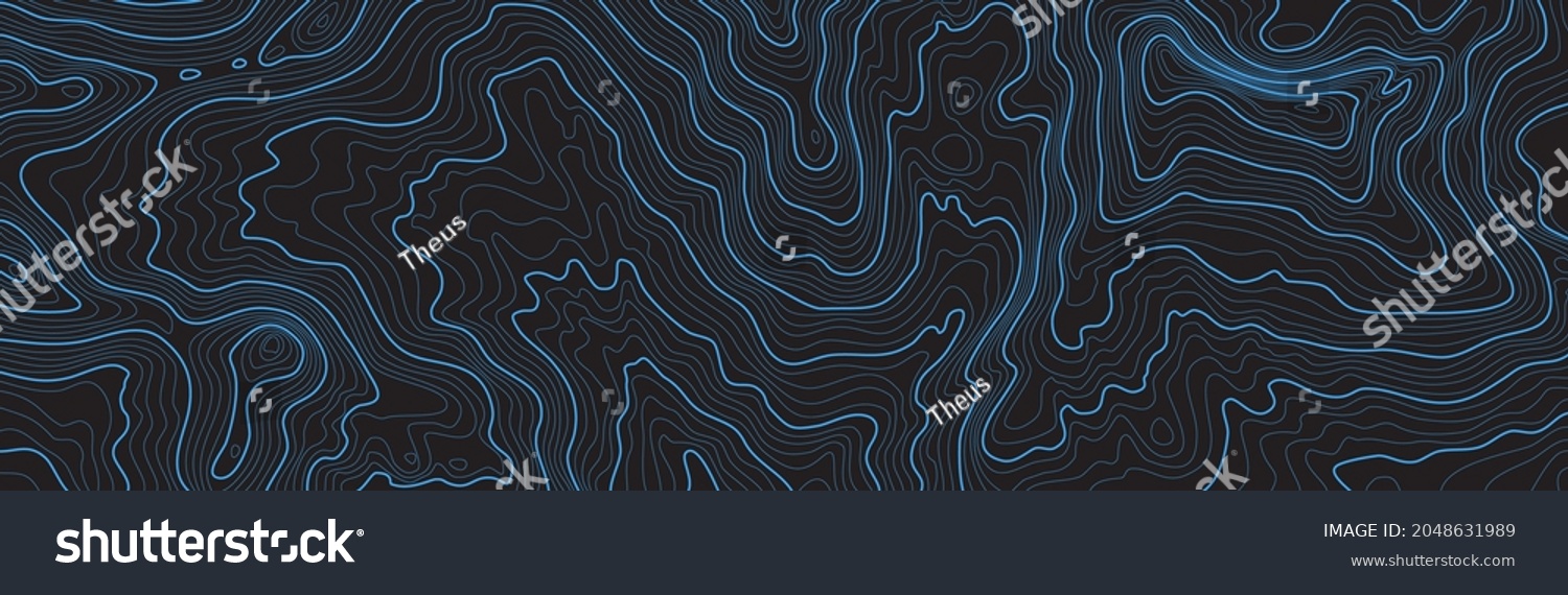 Blue on Black contours vector topography stylized height of the lines. The concept of a conditional geography scheme and the terrain path. Ultra wide size. Map on land vector terrain Illustration. #2048631989