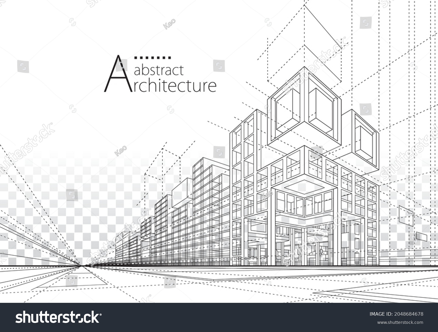 3D illustration architecture building construction perspective design,abstract modern urban building line drawing. #2048684678