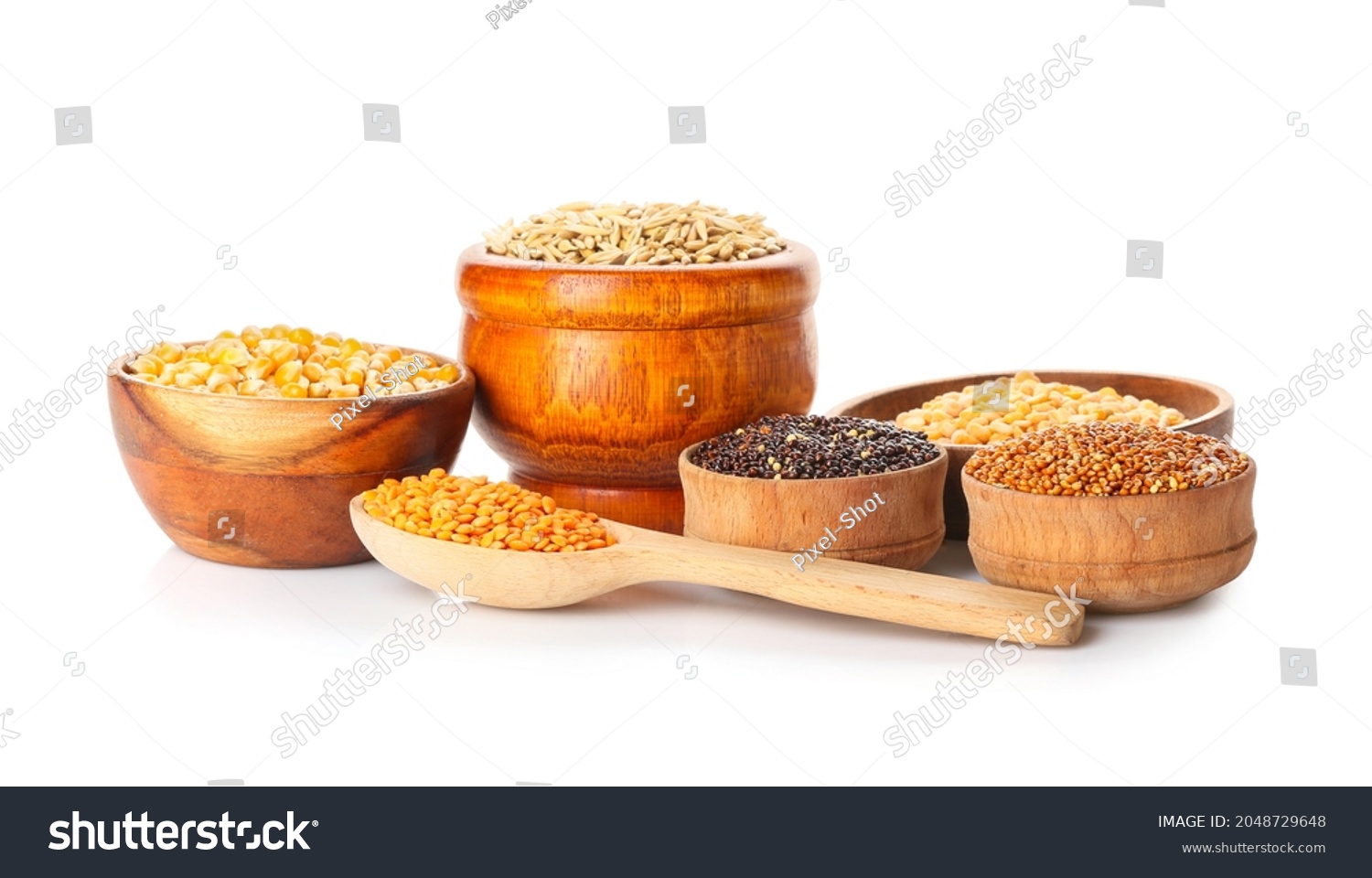Different cereals and legumes on white background #2048729648
