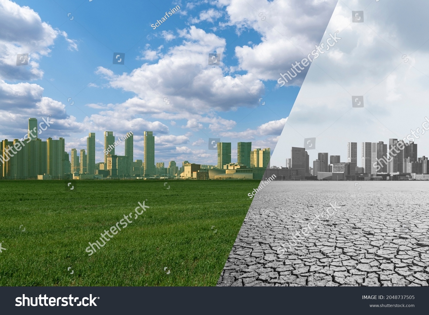 Collage of City with green field and blue sky and City with desert and grey sky. Decarbonization and carbon neutrality concept #2048737505
