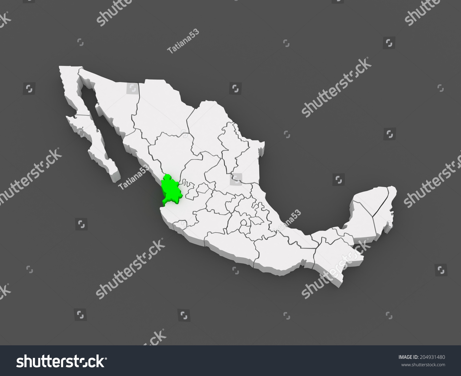 Map of Nayarit. Mexico. 3d - Royalty Free Stock Photo 204931480 ...