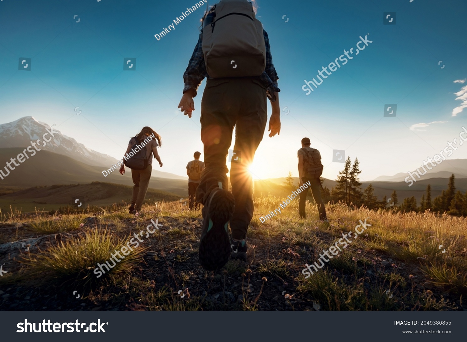 Group of sporty people walks in mountains at sunset with backpacks. Altai mountains, Siberia, Russia. #2049380855