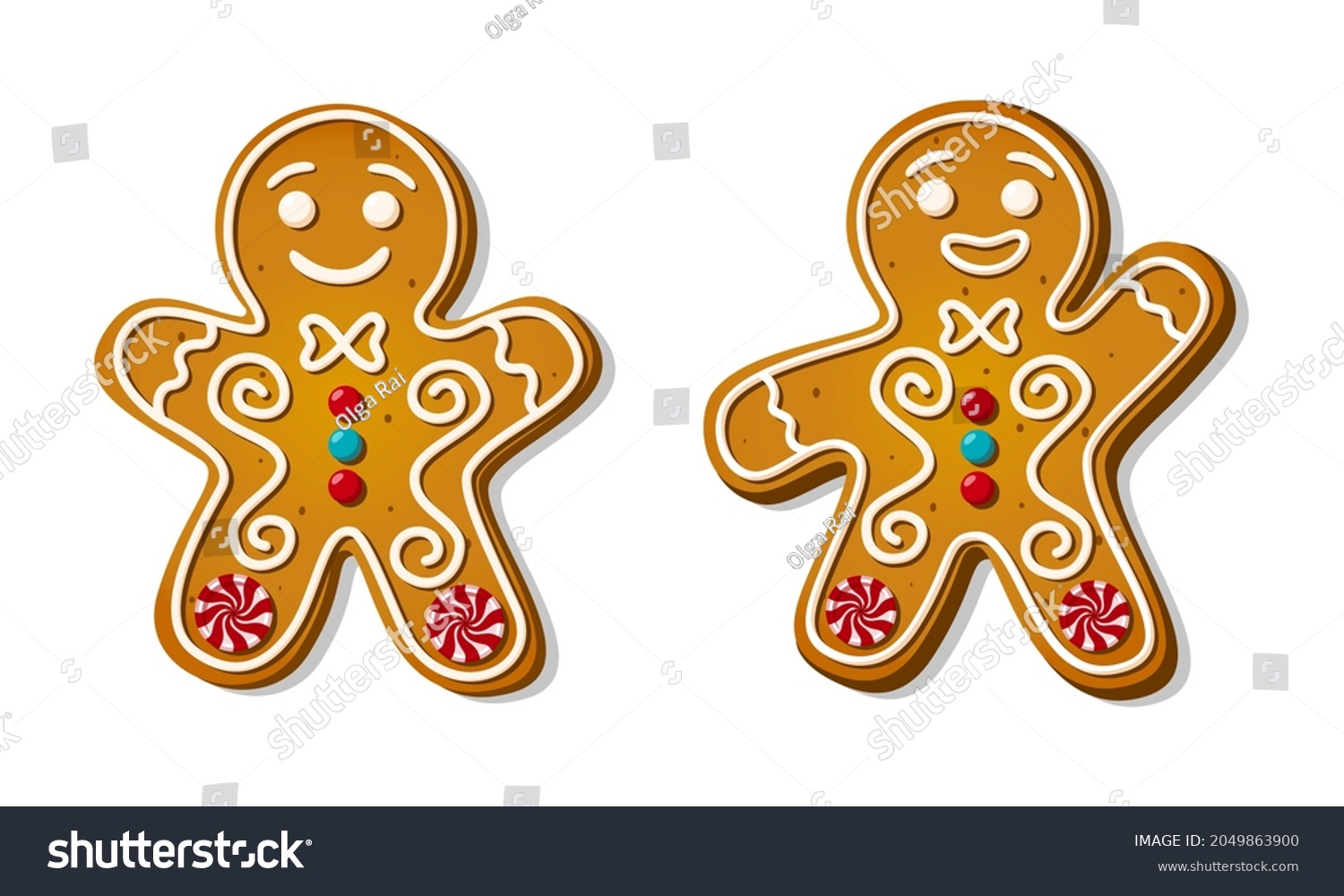 Christmas gingerbread man in different pose in cartoon style. Cute baked cookie character isolated on white background. Two homemade sweets and biscuits. Vector illustration #2049863900