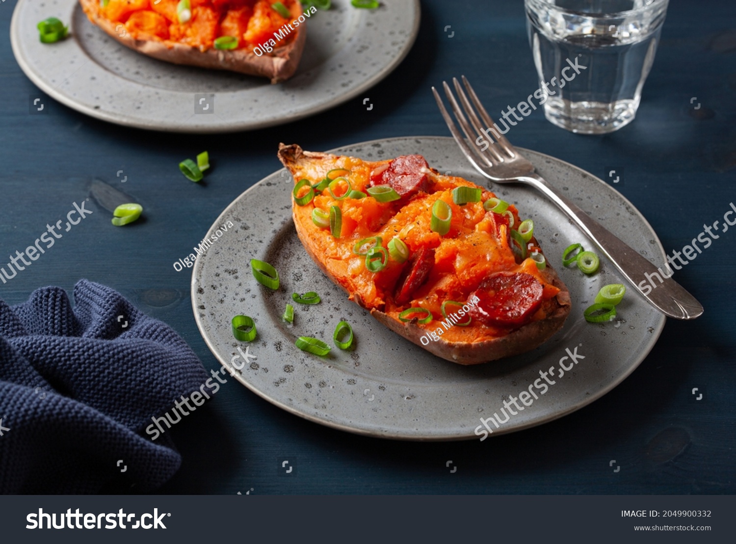 twice baked sweet potato with cheese and chorizo sausage #2049900332