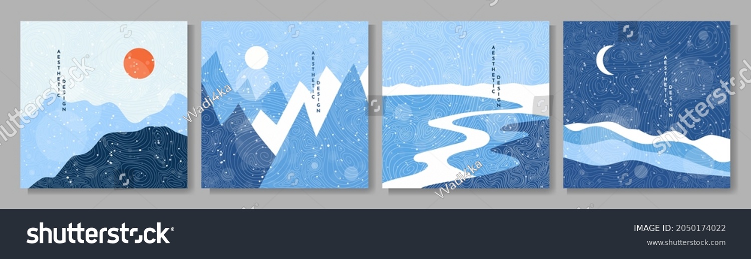 Vector hand drawn illustration. Abstract flat minimalist design landscape set. Winter cold snowy season. Japanese line pattern. Vintage nature graphic. Day, night scene. Clear sky. Mountains, forest #2050174022