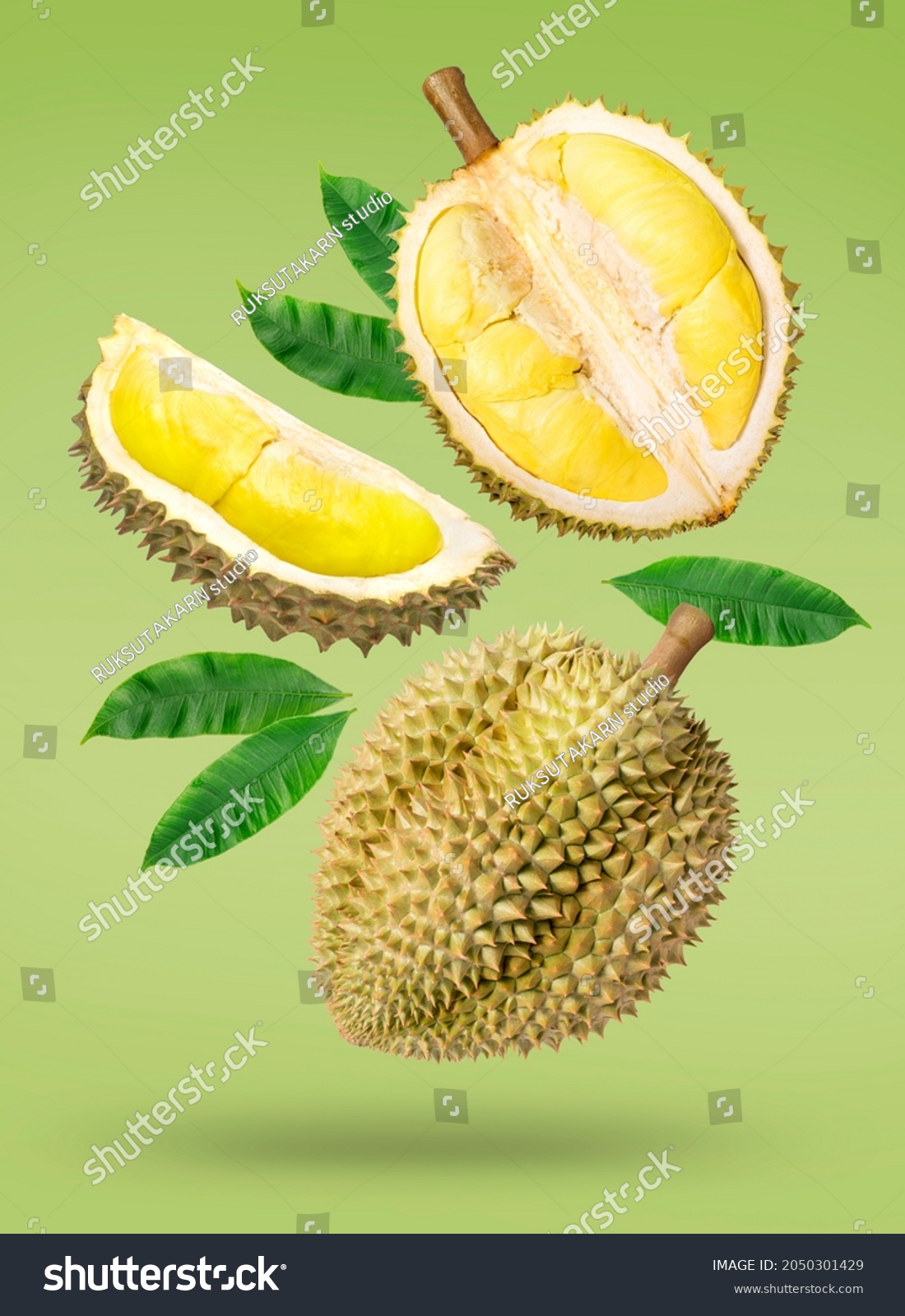 Fresh durian with green leaves falling in the air isolated on green background, Durian fruit on green background With clipping path. #2050301429