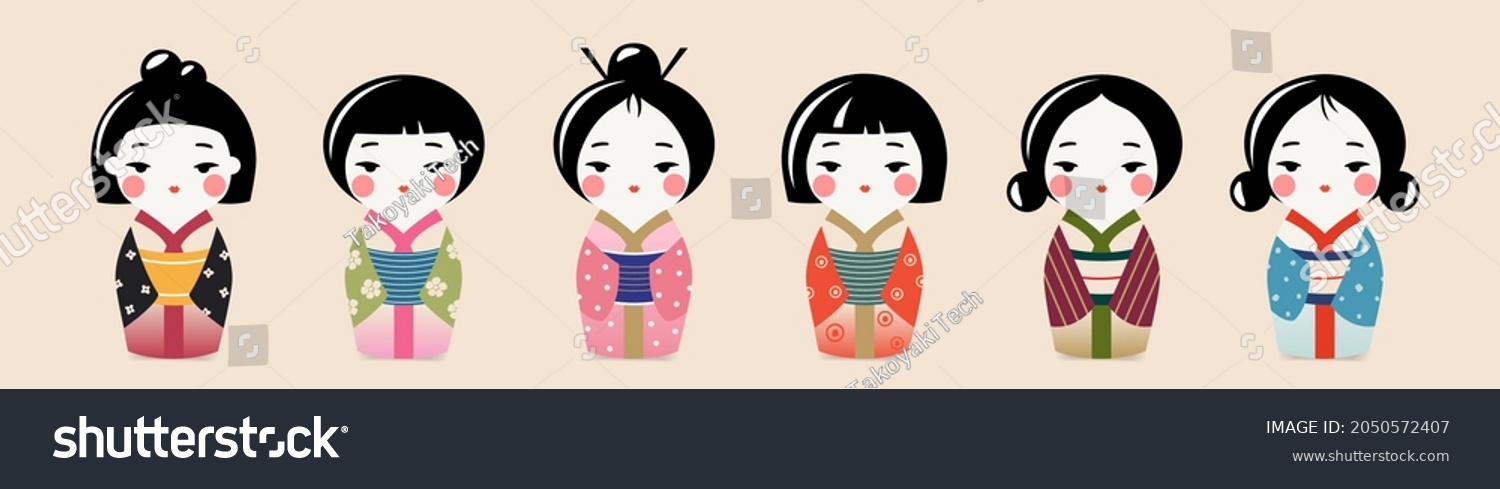 Set of Cute Traditional Japanese Kokeshi Dolls set. Kawaii asian girls in kimono. Vector isolated illustration collection. #2050572407