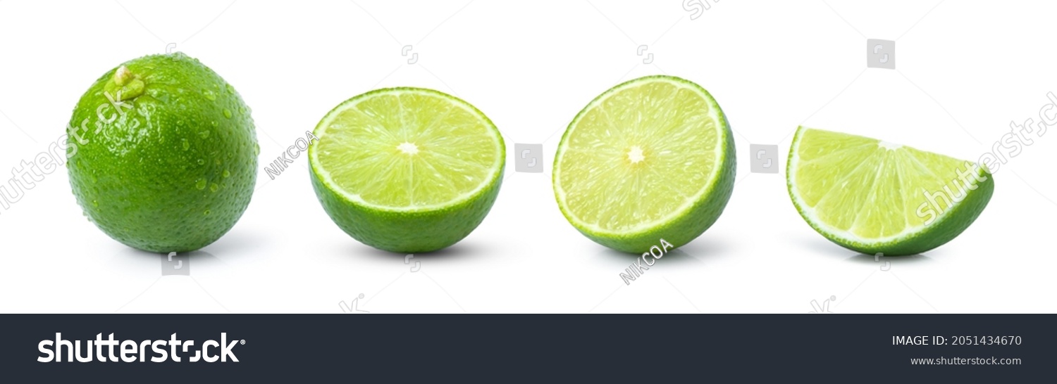 Set of whole and half slice of green lime fruit isolated on white background. #2051434670