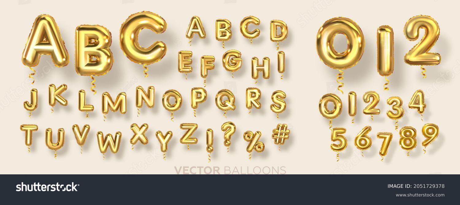English alphabet and numbers Balloons. Helium balloons. Gold balloons for text, letter, holiday. Festive, realistic set. Letters from A to Z. Vector illustration. #2051729378