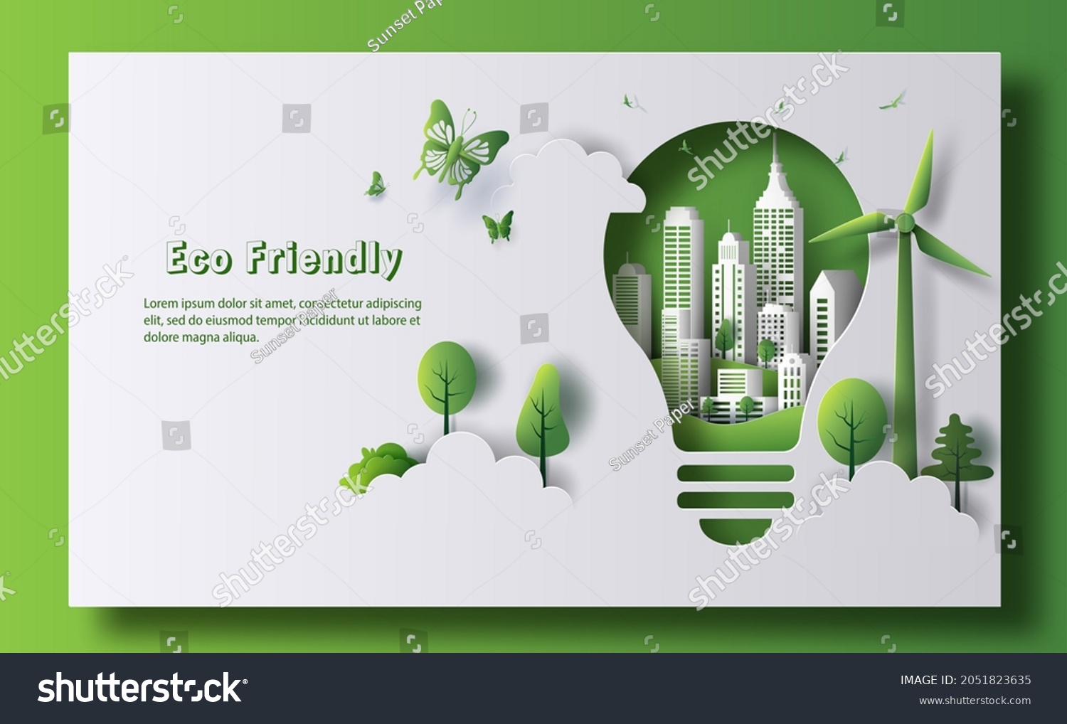 Design for an eco friendly banner, a light bulb shape with city and garden, save the planet and energy concept, paper illustration, and 3d paper. #2051823635