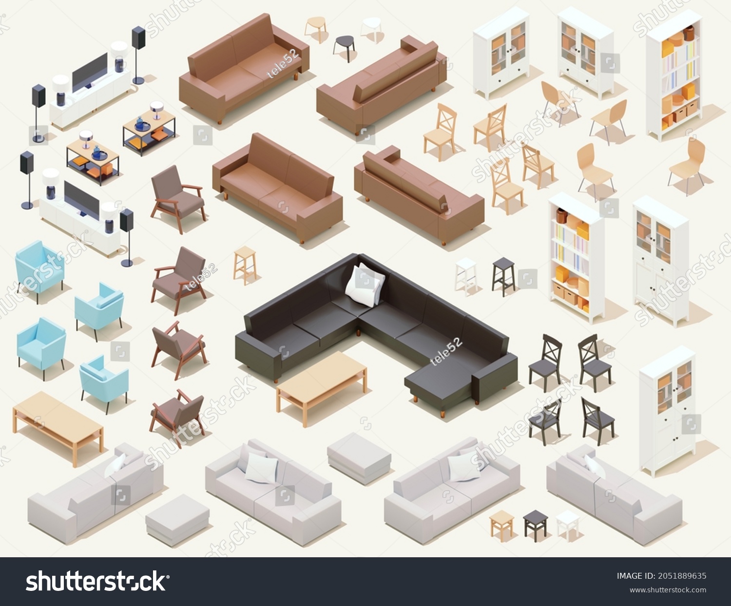 Vector isometric home furniture set. Domestic and office furniture and equipment. Sofas, chairs, armchairs, tables, lamps, cabinets and stools #2051889635