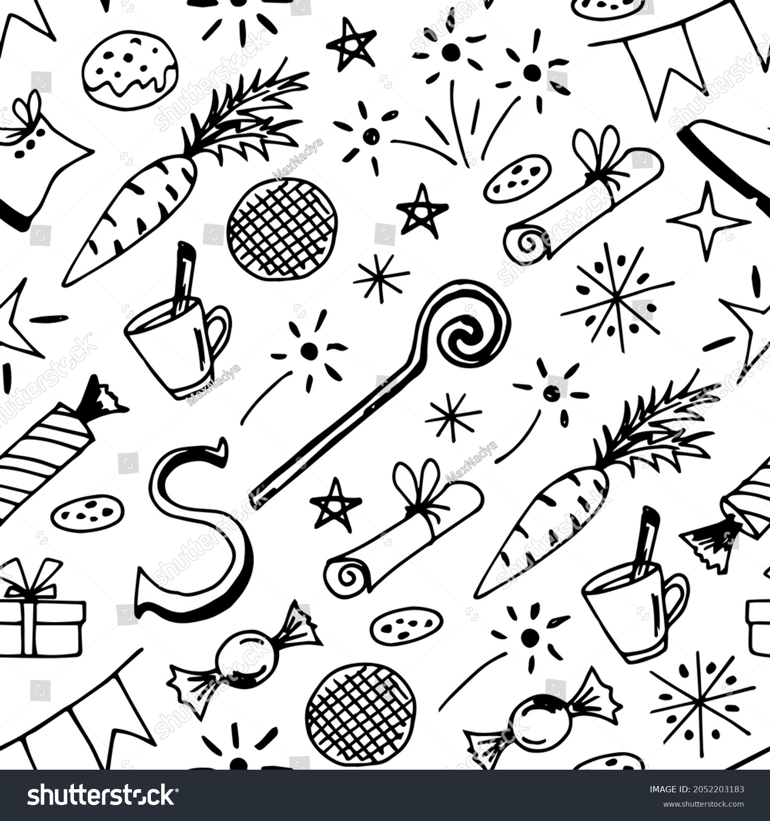 Simple hand-drawn vector seamless pattern in doodle style. Celebration of St. Nicholas Day, Sinterklaas. For prints of wrapping paper, gifts, textile products. #2052203183