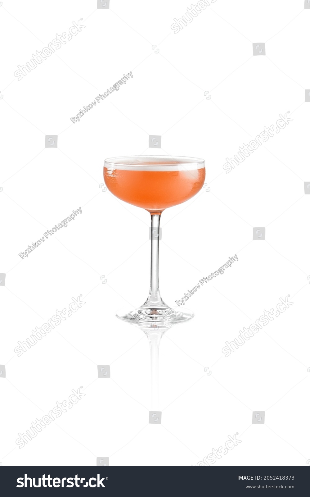 Raspberry sour cocktail in glass isolated on white background. Classic alcohol drink in champagne glass. Cocktail with egg foam. Citrus sour cocktail over white #2052418373