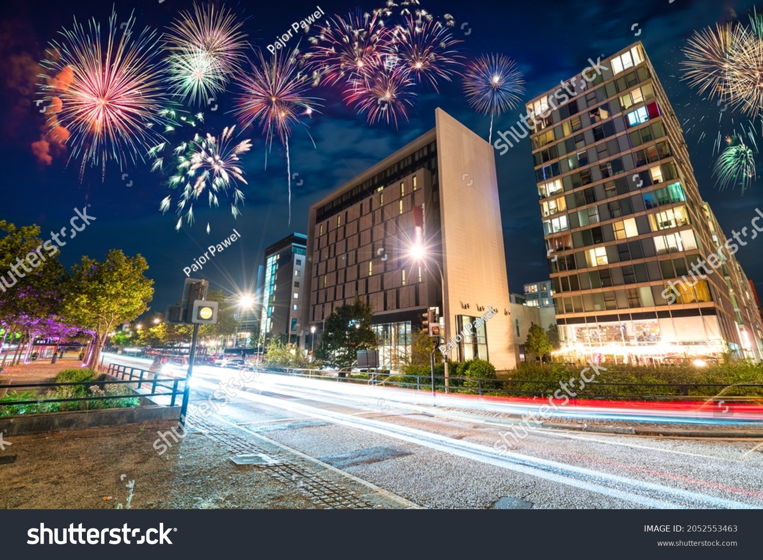 Fireworks display at Milton Keynes city centre at dusk. England #2052553463