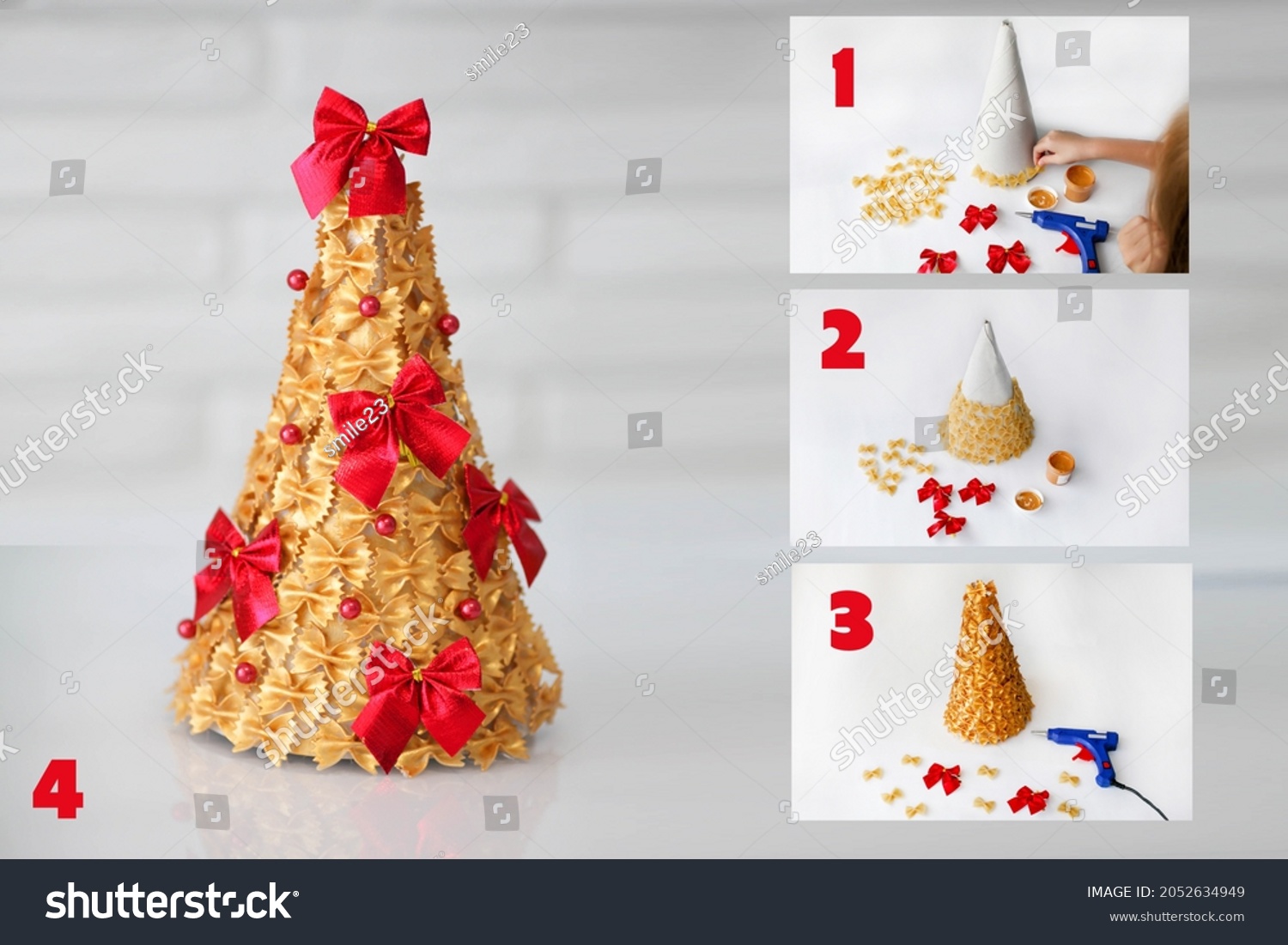 Children is craft. Christmas tree made of pasta, painted gold. Red bows for decorating the Christmas tree.  Handmade, DIY.  Step by step instructions for crafts for the new year. Step 4 . #2052634949