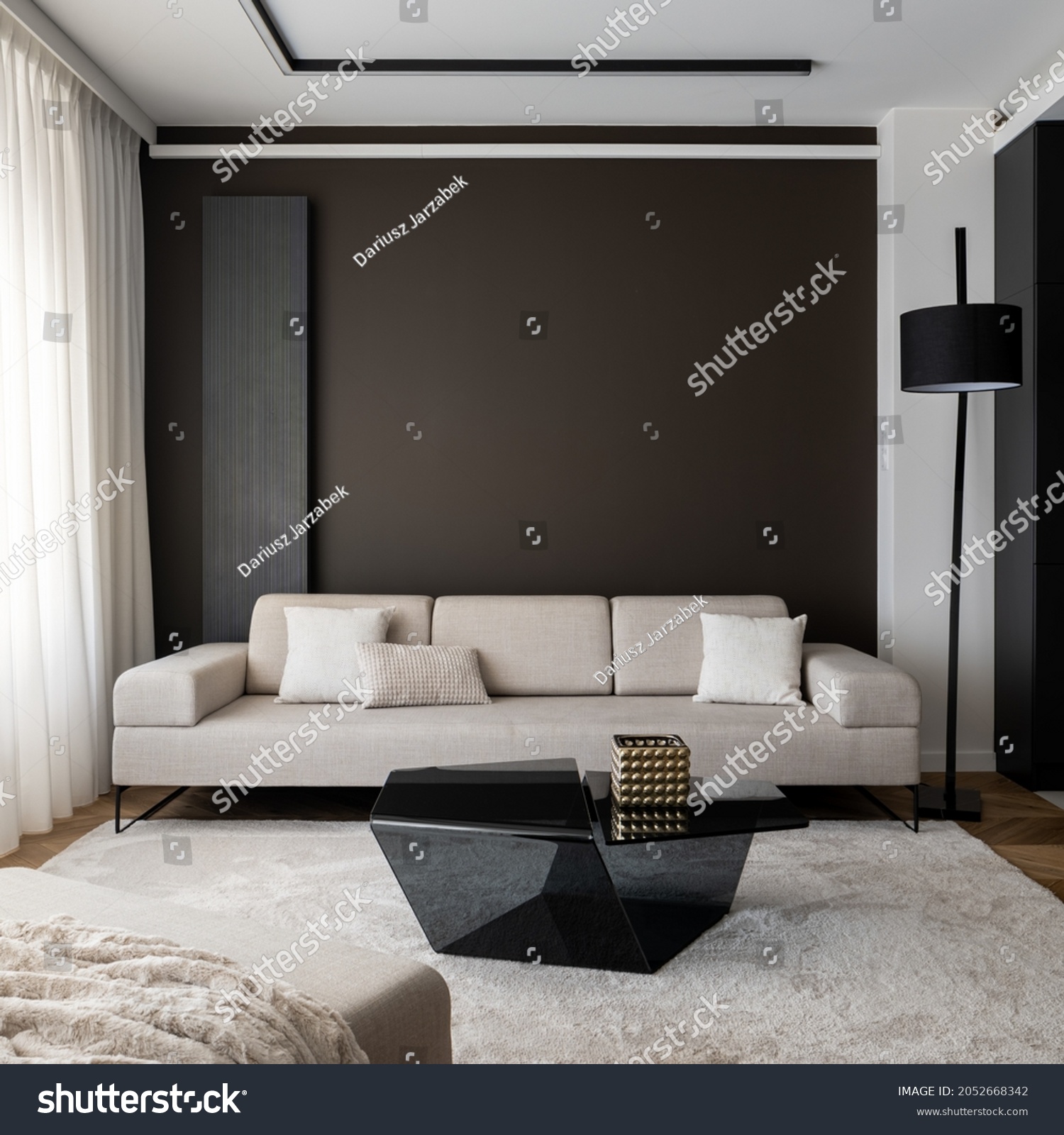 Elegant living room with beige couch, new coffee table and ceiling lighting and fluffy carpet #2052668342