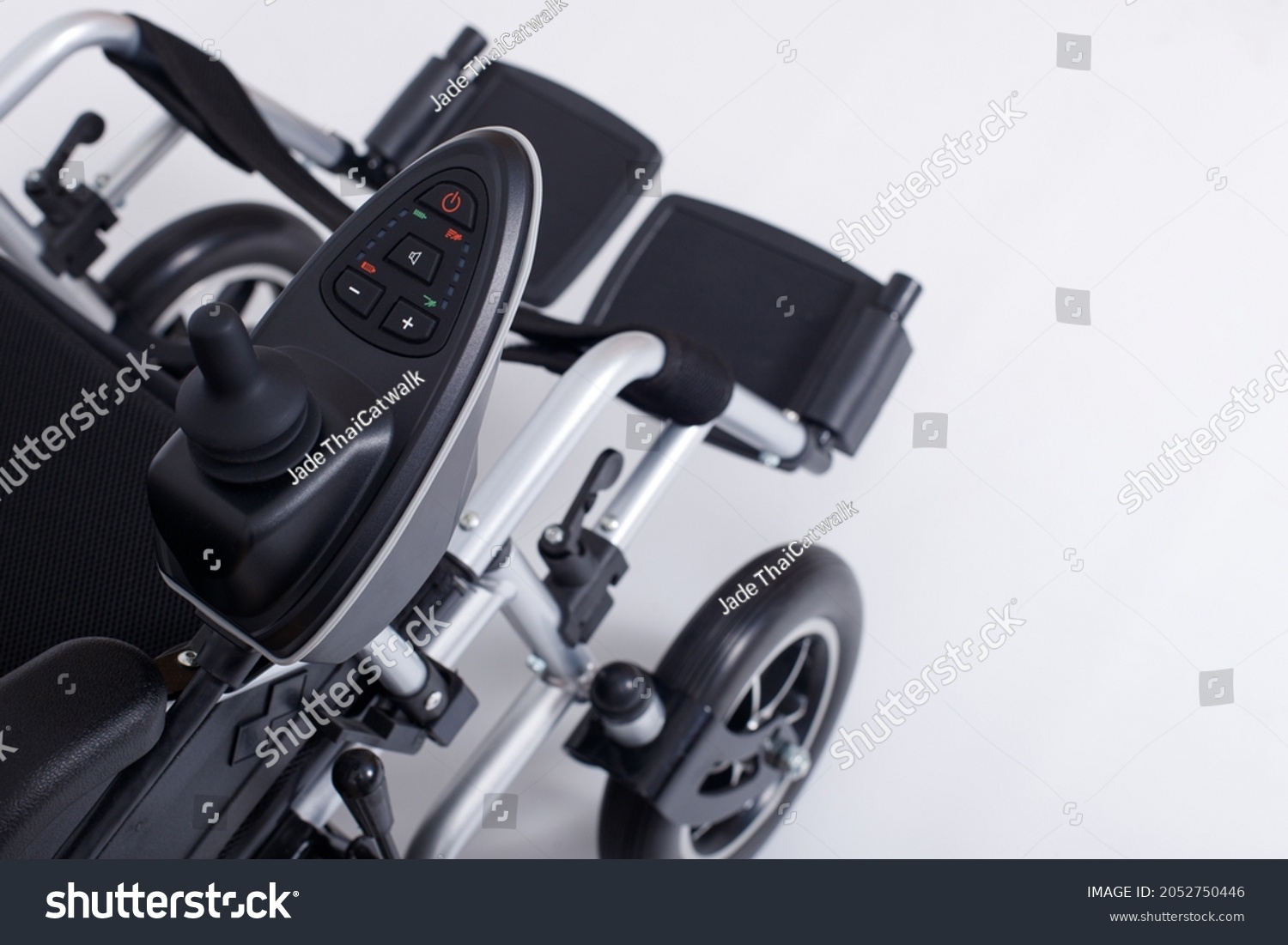 Motorized Electric wheelchair for senior elder patient who cannot walk, isolated. Elderly woman man go outside home hospital, free outdoor travel as disabled. clipping path white background #2052750446