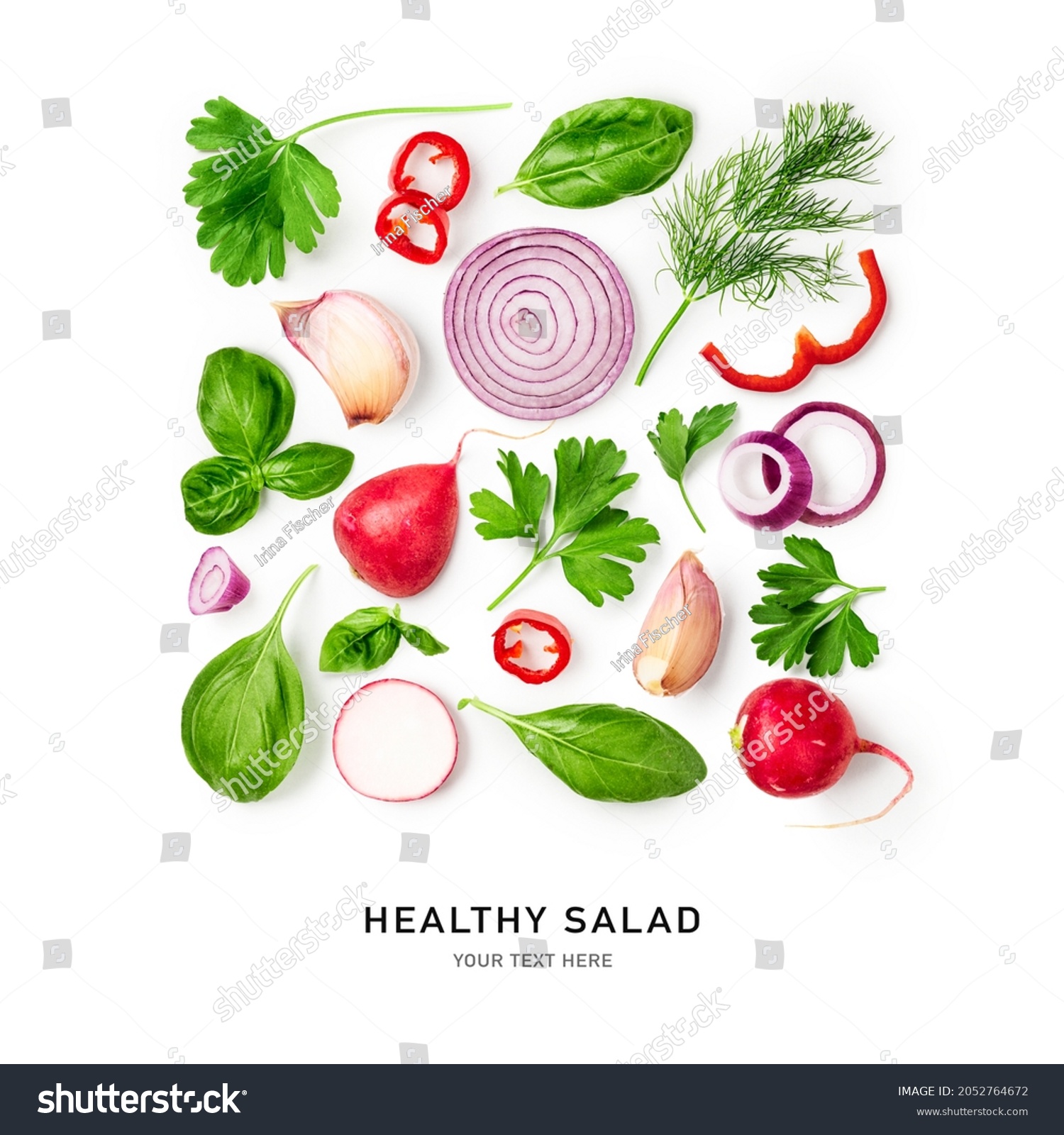 Red pepper, basil leaves, onion, radish, parsley and garlic creative pattern isolated on white background. Healthy eating and food concept. Fresh salad vegetables. Top view, flat lay, design element
 #2052764672