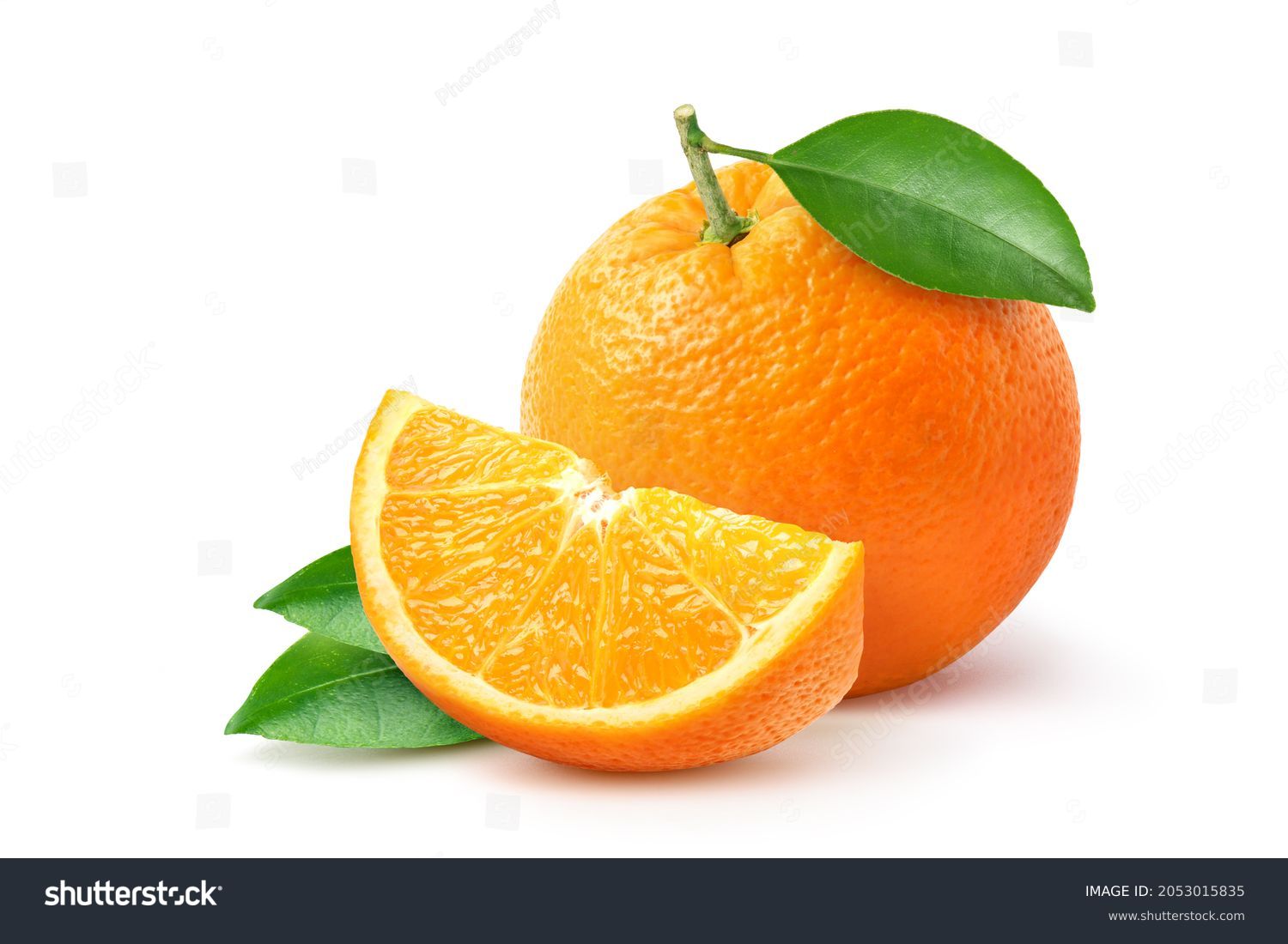 Orange  with sliced and green leaves isolated on white background.  #2053015835