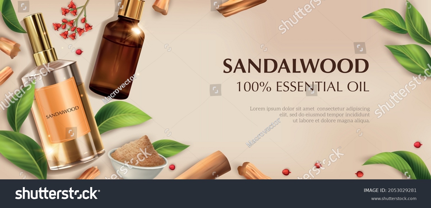 Realistic sandalwood horizontal composition with images of perfume oil vials powder ripe leaves and editable text vector illustration #2053029281