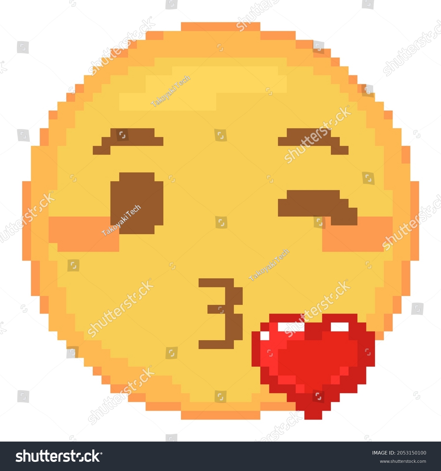 Pixel art kiss emoji. Retro pixel emoticon kissing flushed face with heart. Cute cartoon kawaii vector social media smile icon. #2053150100