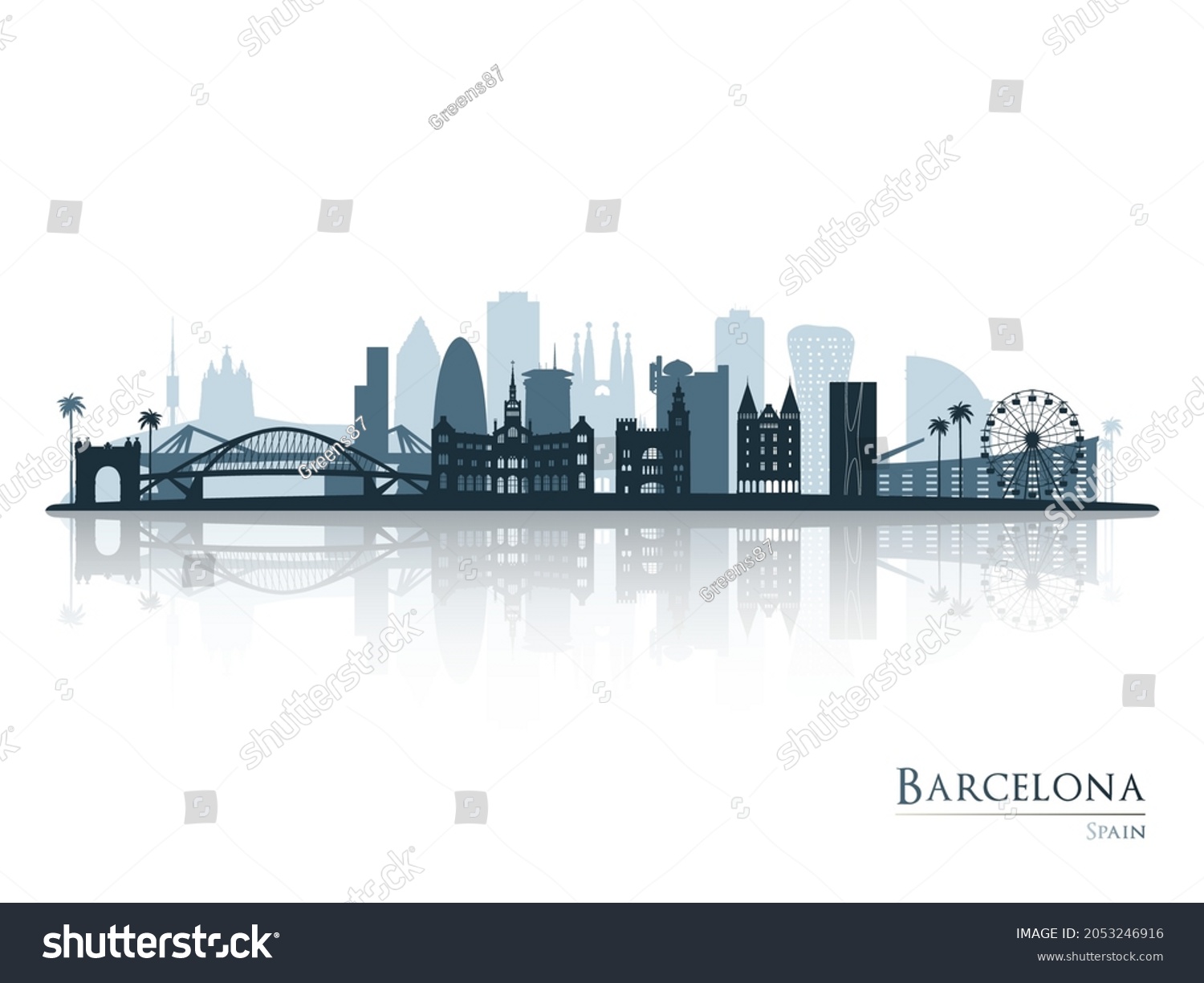 Barcelona skyline silhouette with reflection. - Royalty Free Stock ...