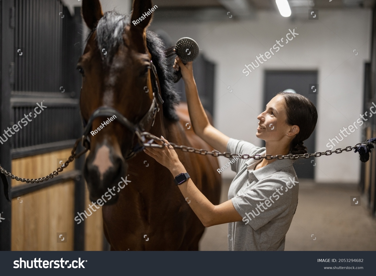 Female horseman combing mane of her brown Thoroughbred horse in stable. Concept of animal care. Rural rest and leisure. Idea of green tourism. Young smiling european woman wearing uniform #2053294682