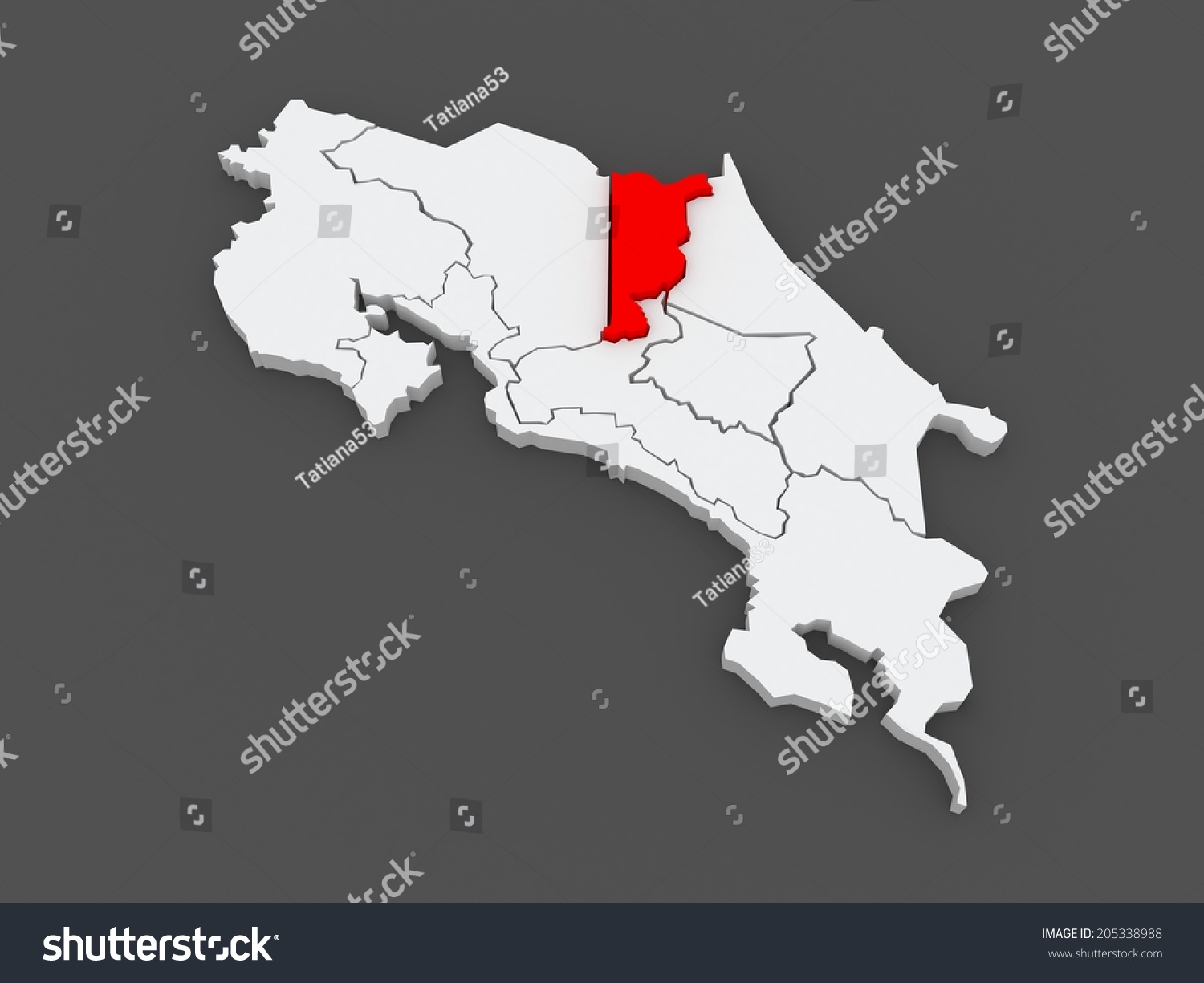 Map of Heredia. Costa Rica. 3d Royalty Free Stock Photo 205338988