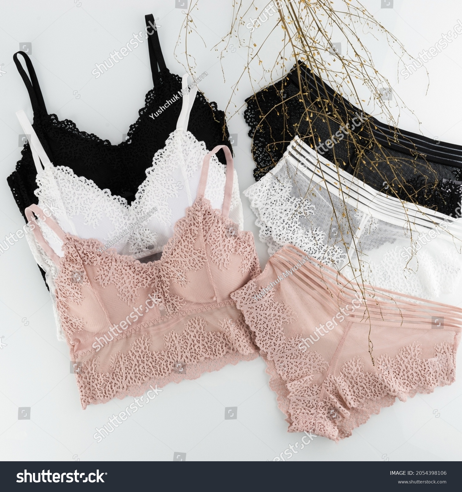 women's underwear, bra, underpants, white, black, beige fishnet, layout on a white background #2054398106