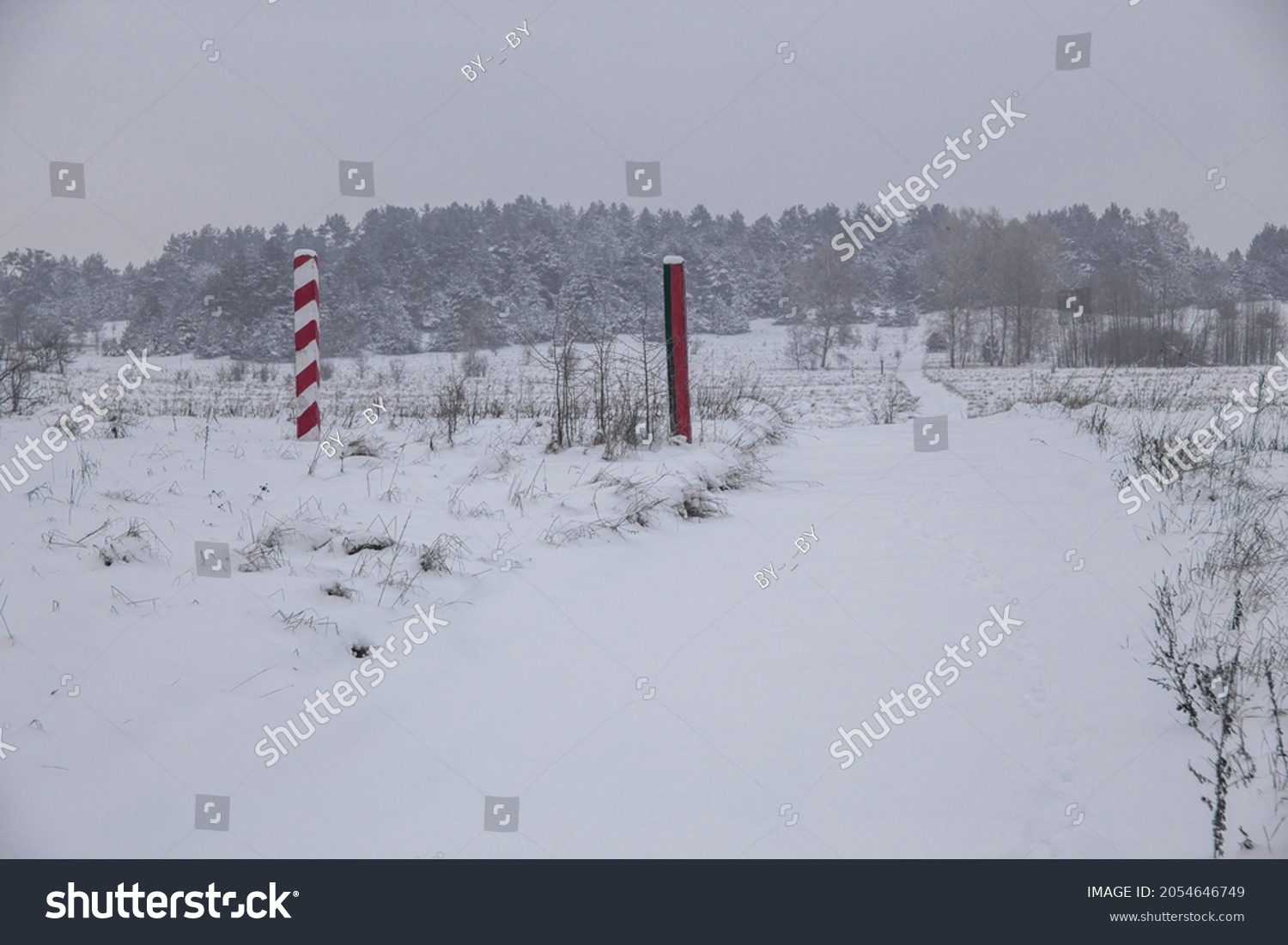 Boundary pillars of Belarus and Poland on the border in a winter field #2054646749