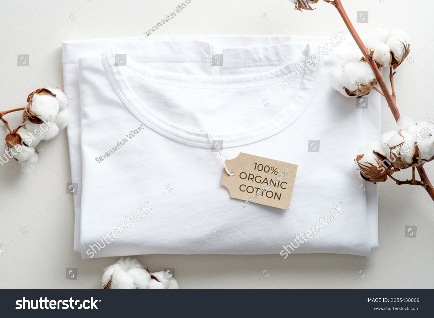 Organic cotton t-shirt with cotton flowers on white background. Flat lay, top view. Eco clothing, sustainable lifestyle, fashion concept. #2055438809
