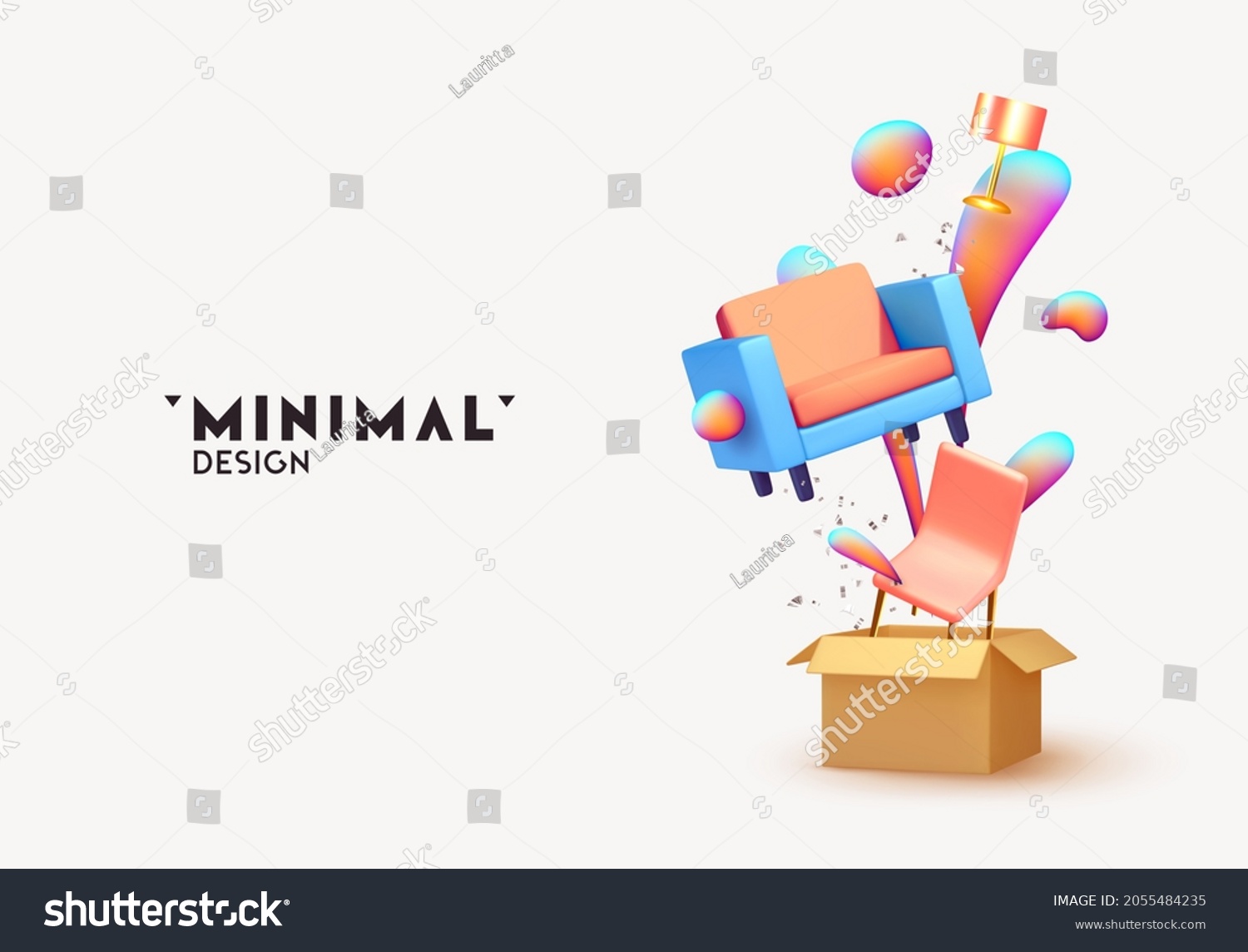 Abstract minimal design with realistic 3d objects. Open cardboard box with furniture armchair, chair and table lamp, move and delivery concept. Creative poster, banner. Vector illustration #2055484235