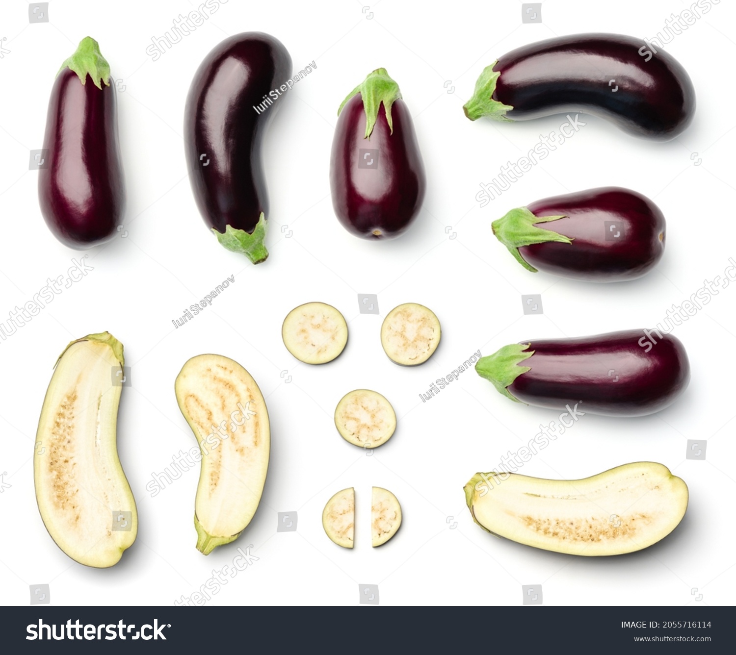 Collection of eggplant isolated on white background. Set of multiple images. Part of series #2055716114