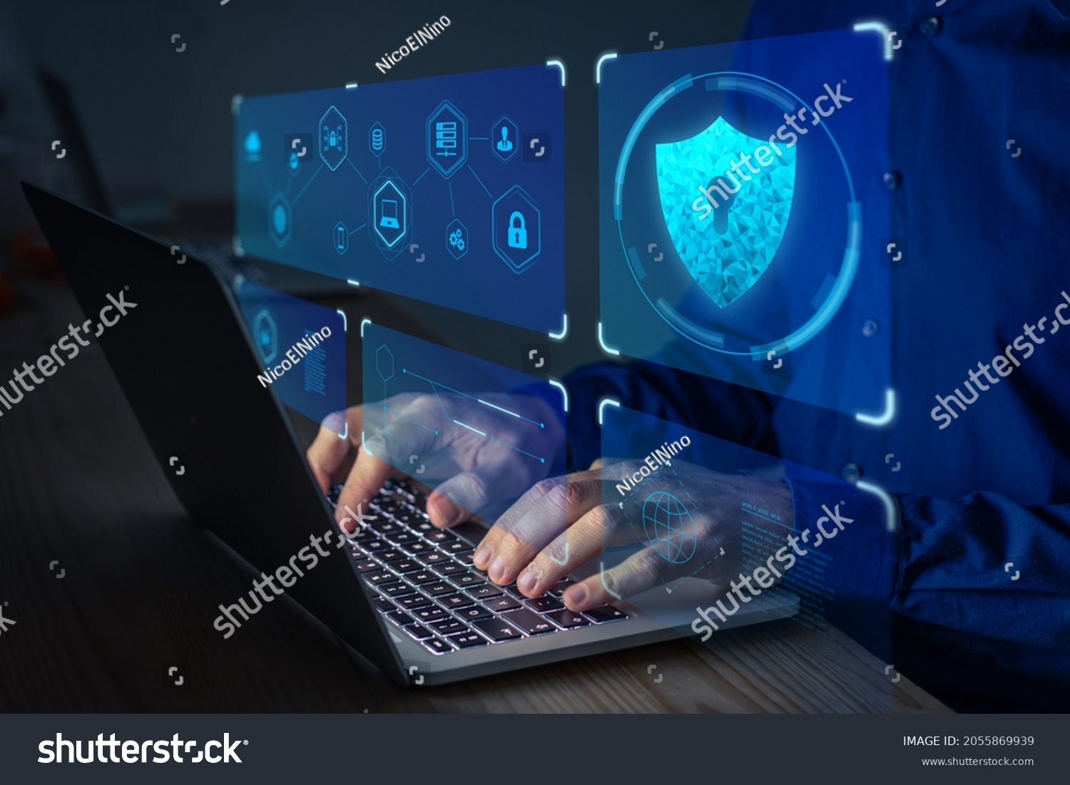 Cyber security expert working on network and data protection on laptop computer against digital crime. Privacy technology on internet. #2055869939