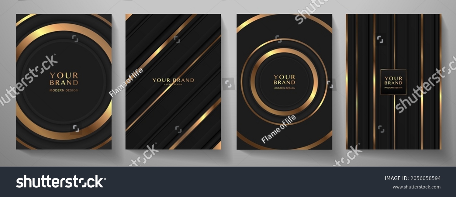 Premium stripe cover design set. Luxury line pattern with metallic gloss in gold, black color. Formal vector background for luxe invite, business brochure, poster, notebook, menu template #2056058594