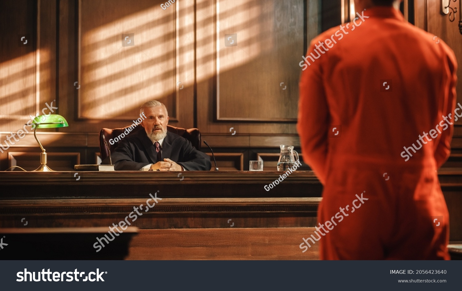 Court of Law and Justice Trial Proceedings: Law Offender in Orange Jumpsuit is Questioned and Giving Testimony to Judge, Jury. Criminal Denying Charges, Pleading, Inmate Denied Parole. #2056423640