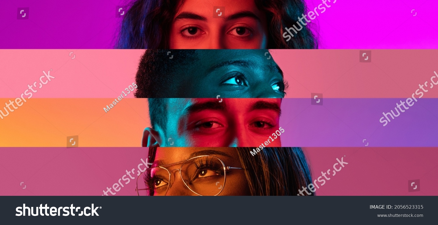 Collage of close-up male and female eyes isolated on colored neon backgorund. Multicolored stripes. Concept of equality, unification of all nations, ages and interests. Diversity and human rights #2056523315