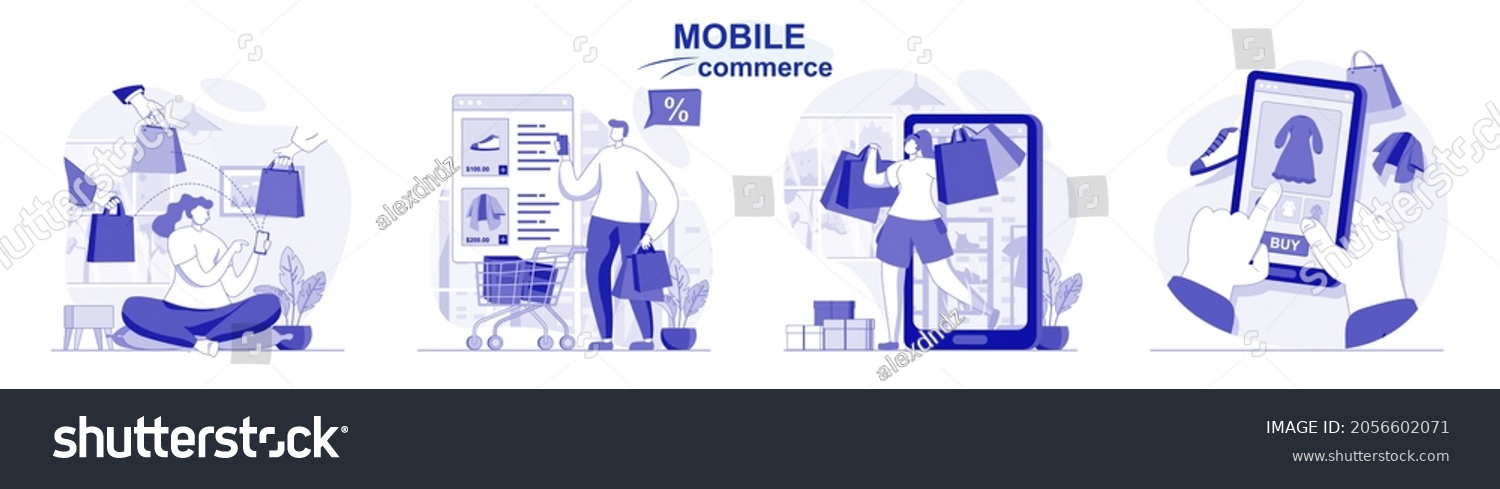 Mobile commerce isolated set in flat design. People shopping in mobile app, e-commerce, e-business, collection of scenes. Vector illustration for blogging, website, mobile app, promotional materials. #2056602071