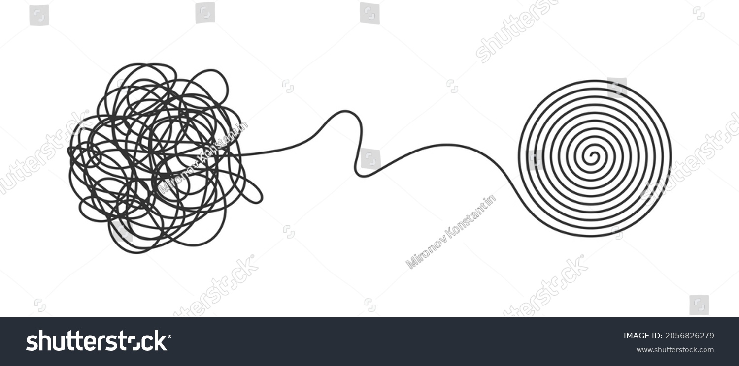 Chaos and order business concept flat style design vector illustration isolated on white background. Tangled disorder turns into spiral order line, find solution. Coaching, mentoring or psychotherapy. #2056826279